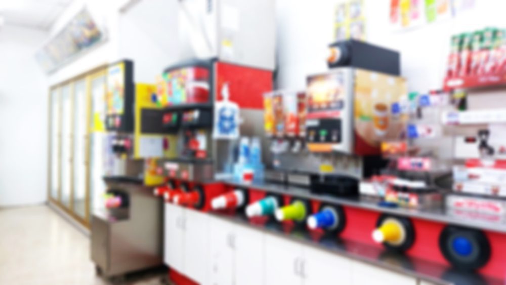 Convenience store counter of dispensed drinks